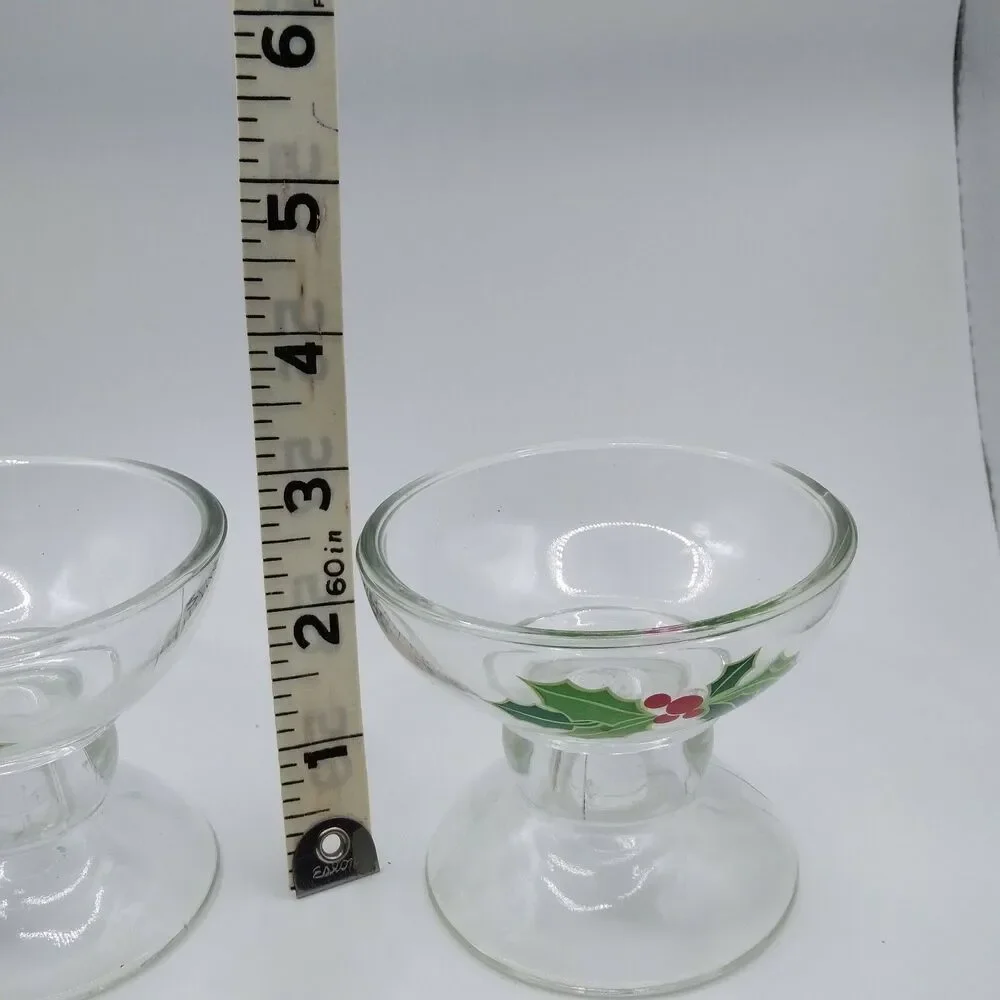 Vintage Holly Candlestick Holders Glass Leaves Berries Holiday Christmas 1981